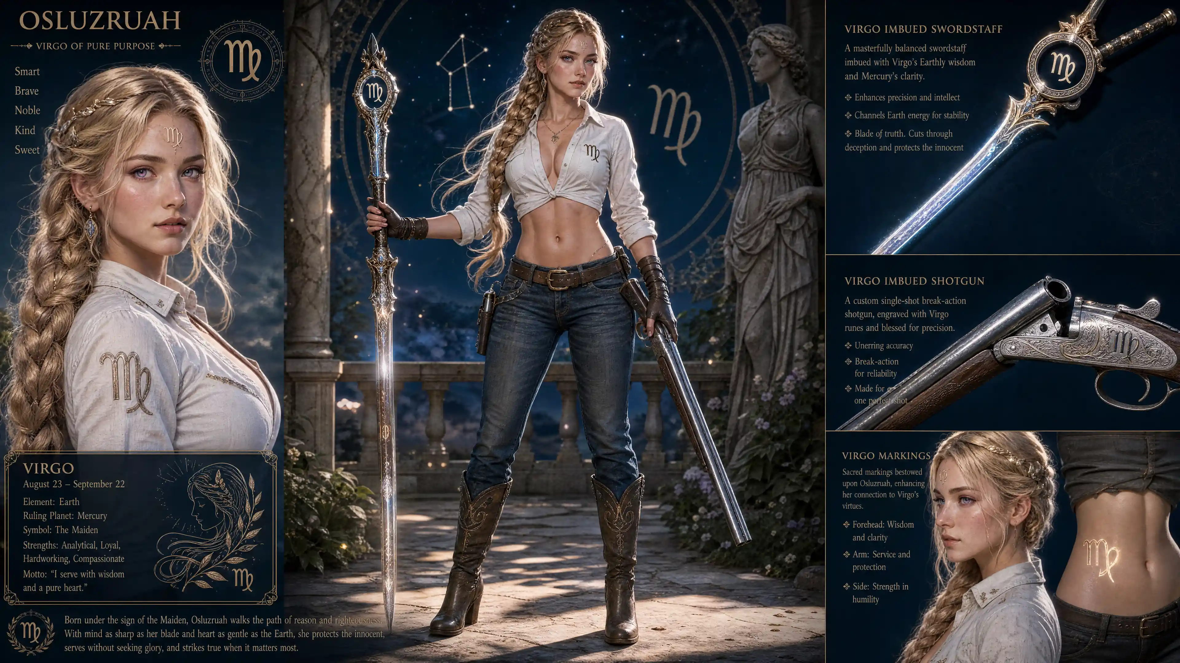 Blonde female warrior with braided hair and virgo mark