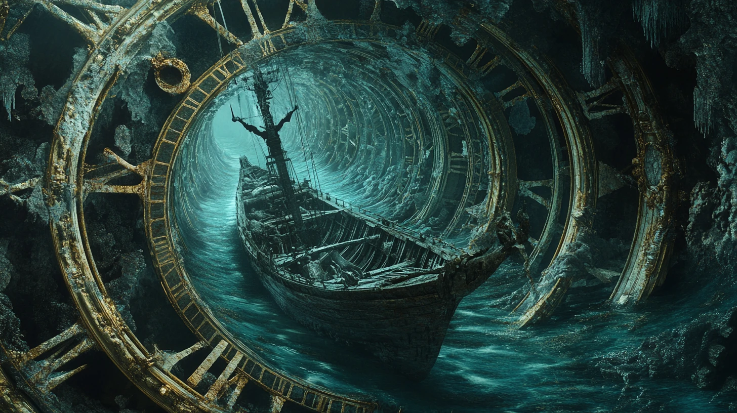 Surreal skeletal boat looping through a spiral river of clocks
