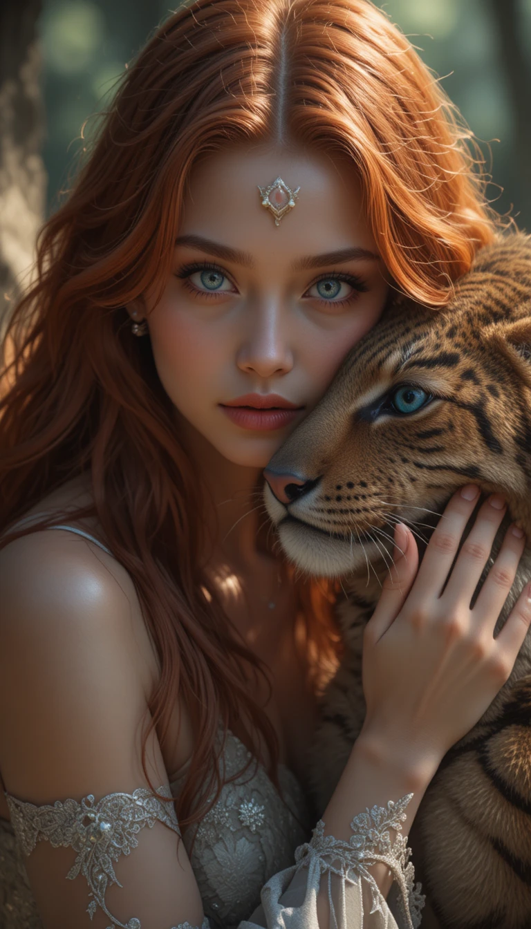 Young woman bonding with giant wildcat in fantasy scene