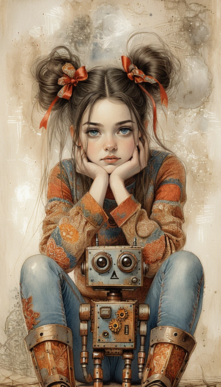 Young woman bonding with a small rusty vintage robot