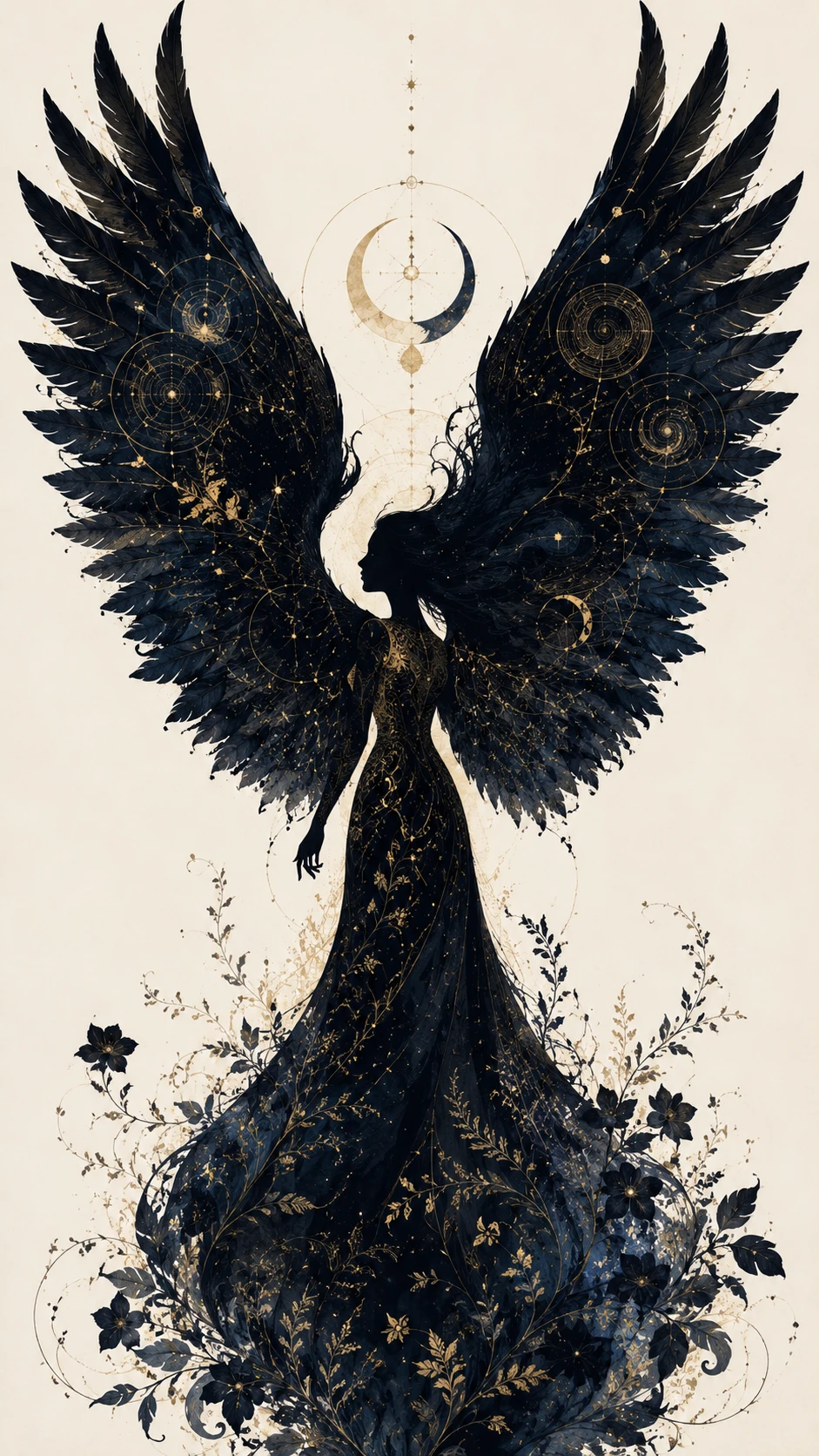 Silhouetted woman with raven wings and celestial botanicals