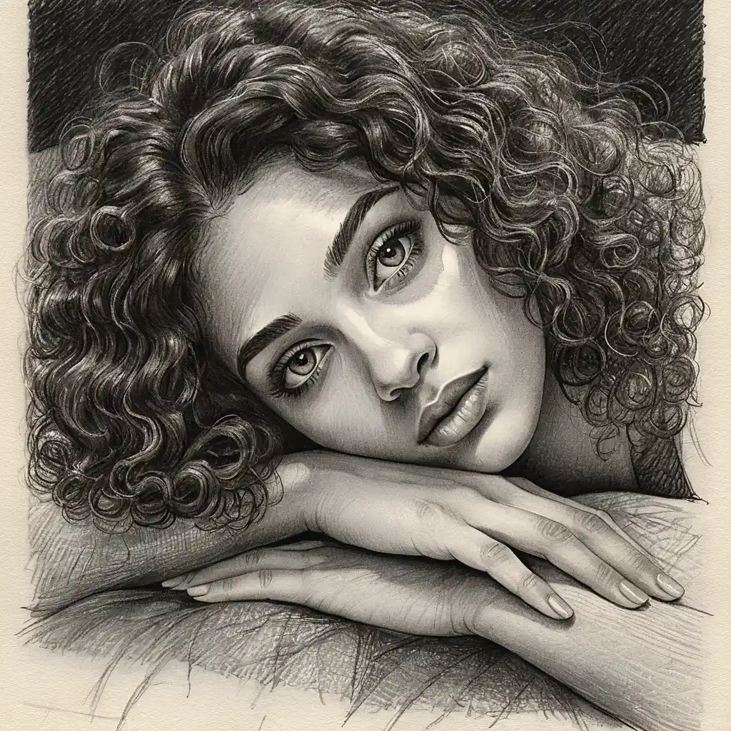 Charcoal pencil portrait of a young woman resting on her arms