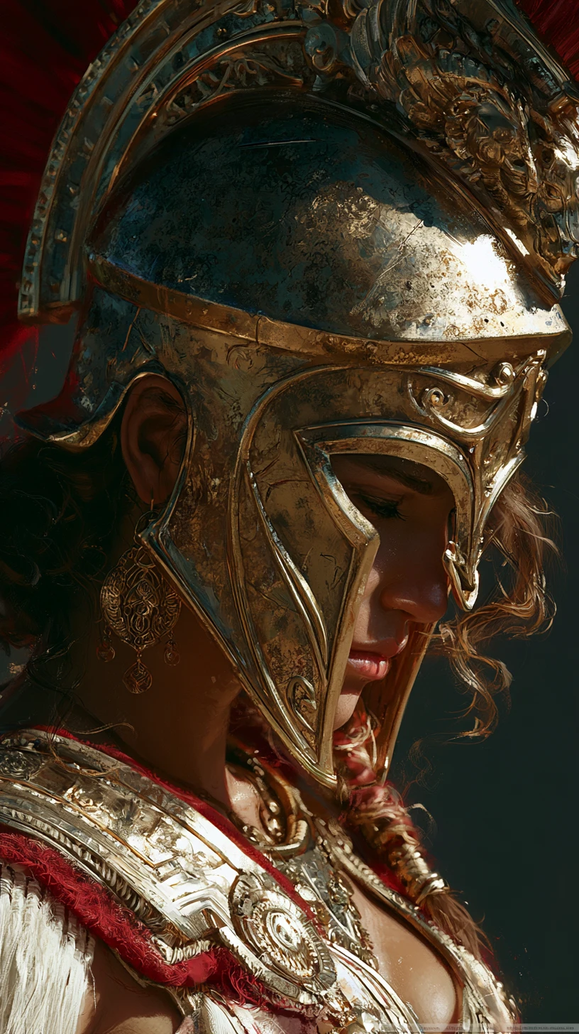 Beautiful woman in spartan helmet with bright dramatic lighting