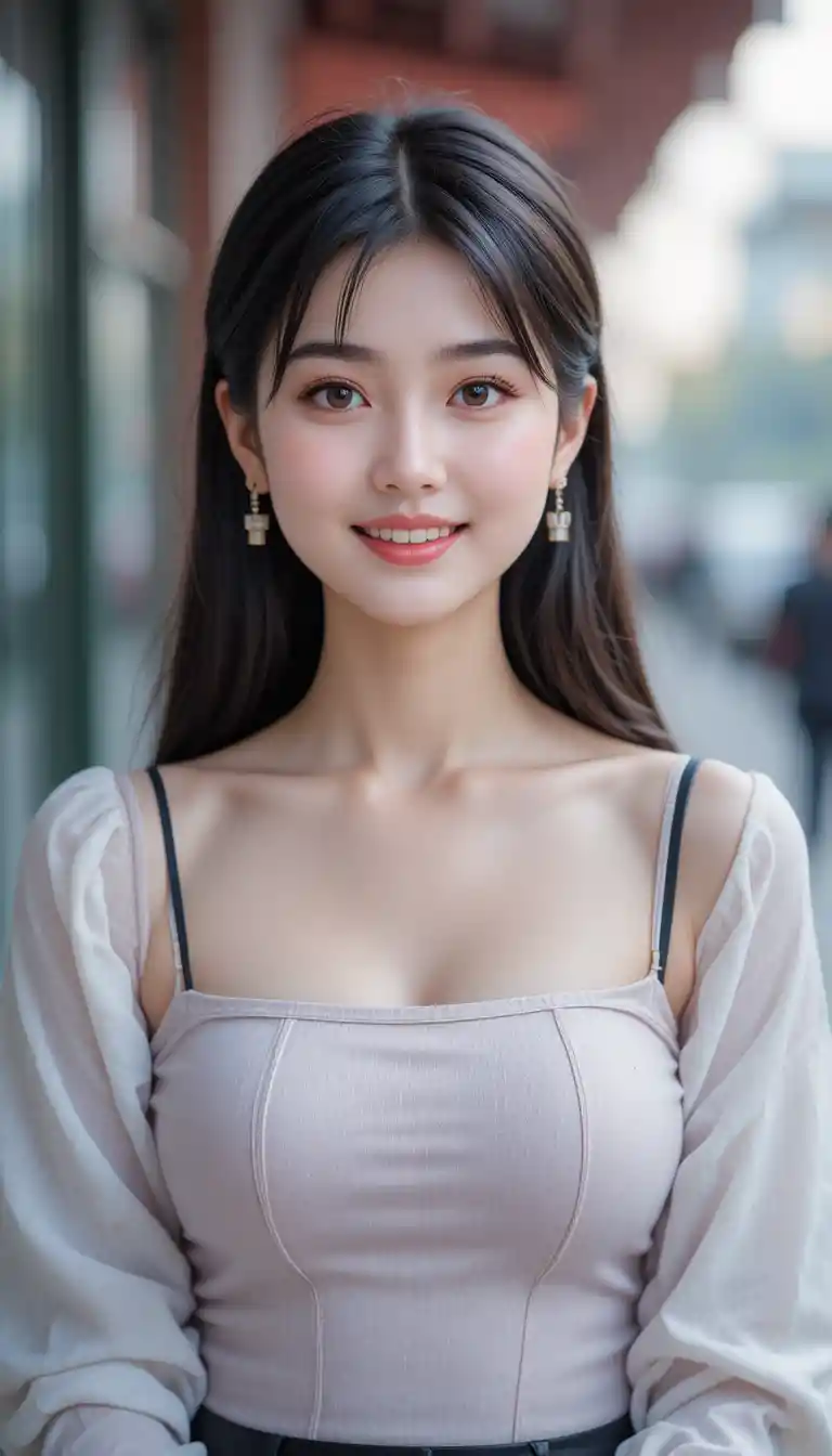 Smiling young woman in blouse with straight black hair
