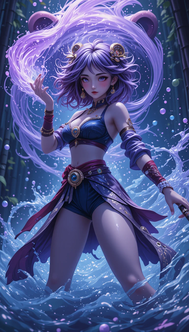 Anime water warrior woman in bamboo forest battle stance