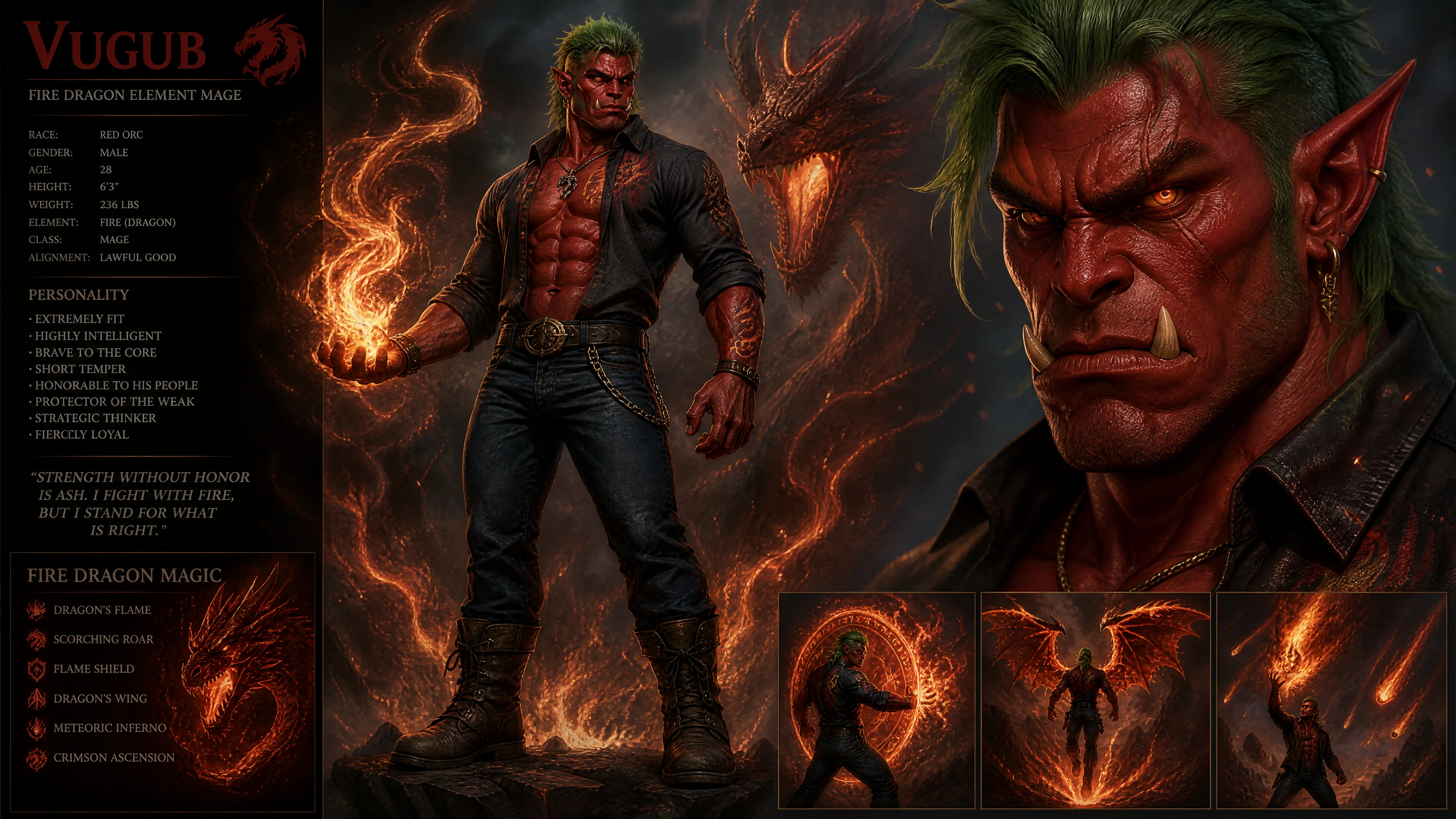 Muscular red orc mage in casual modern clothing