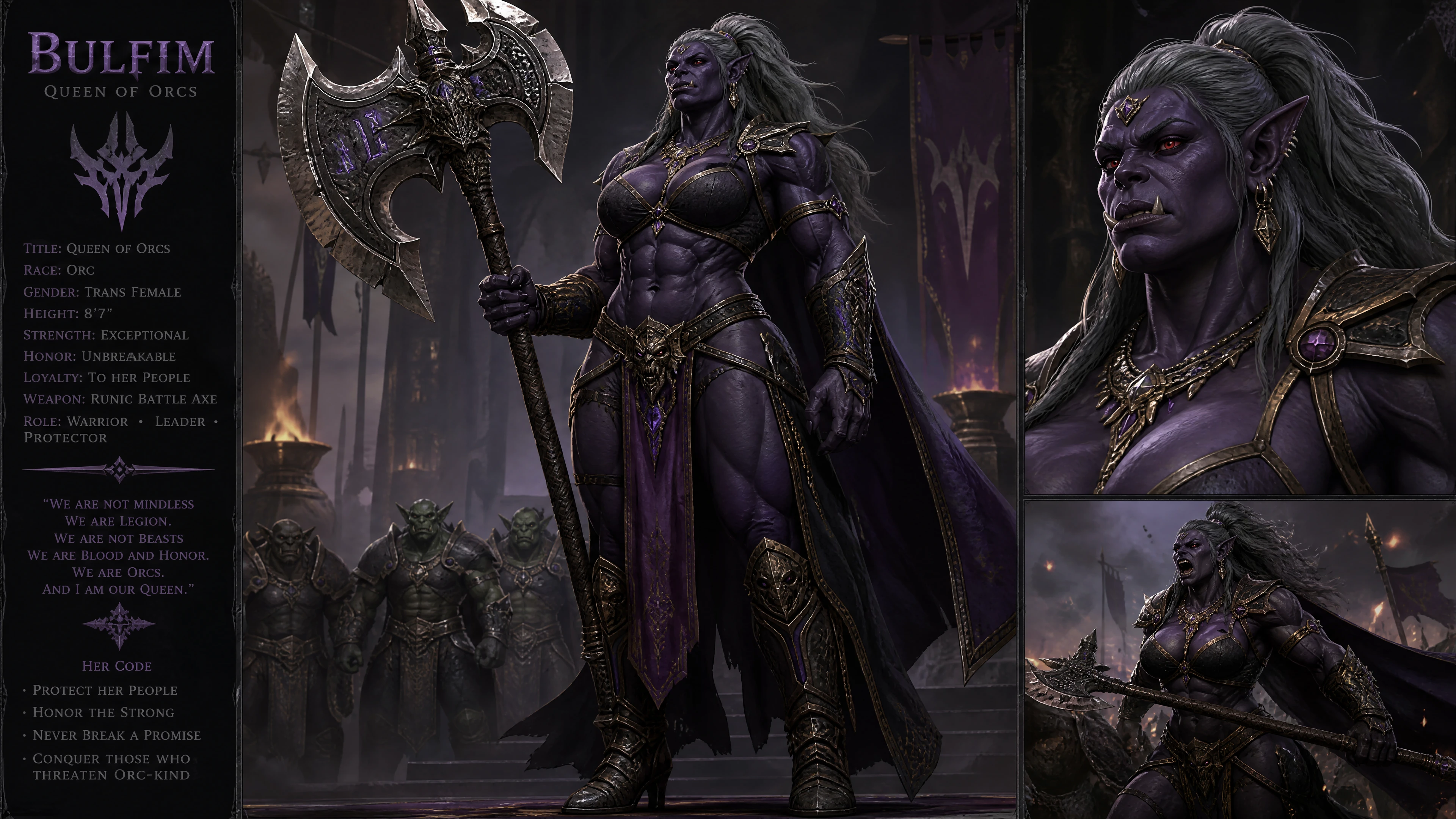 Tall orc queen warrior with royal armor and battle axe