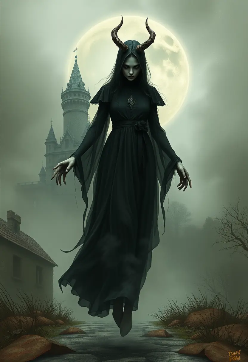 Ghostly Romanian strigoi woman before a haunted castle