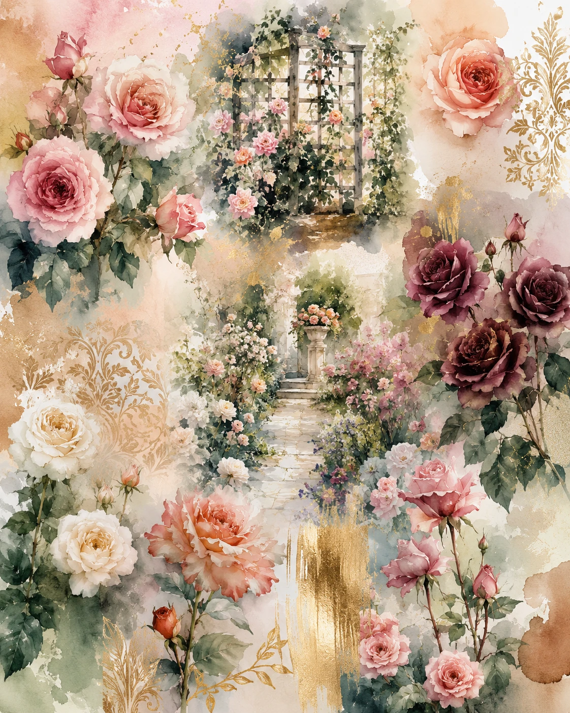 Watercolor roses moodboard in a dreamy garden setting