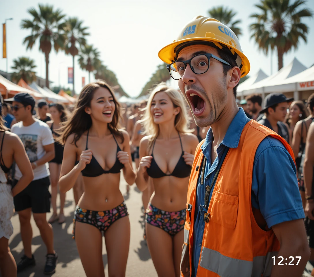 Surprised worker in safety gear at lively outdoor festival