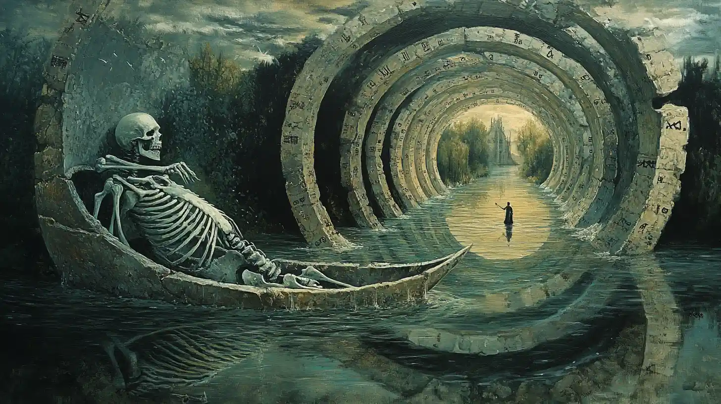 Surreal skeletal boat looping through spiraling river of clocks