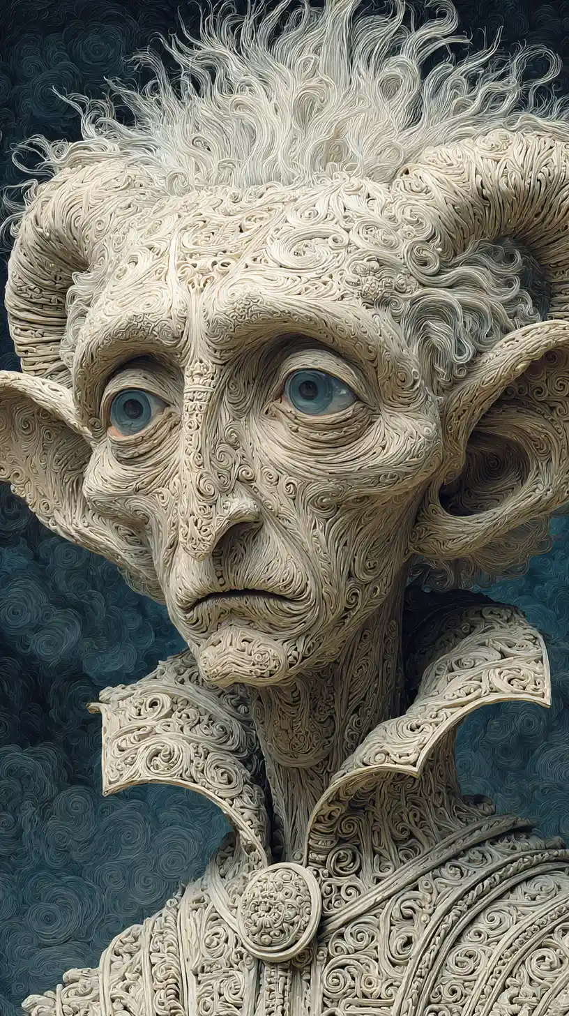 Surreal-gotisches Porträt eines melancholischen, gravierten gehörnten Gesichts