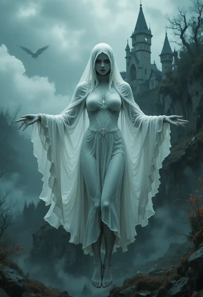 Ghostly Romanian strigoi woman floating before haunted castle