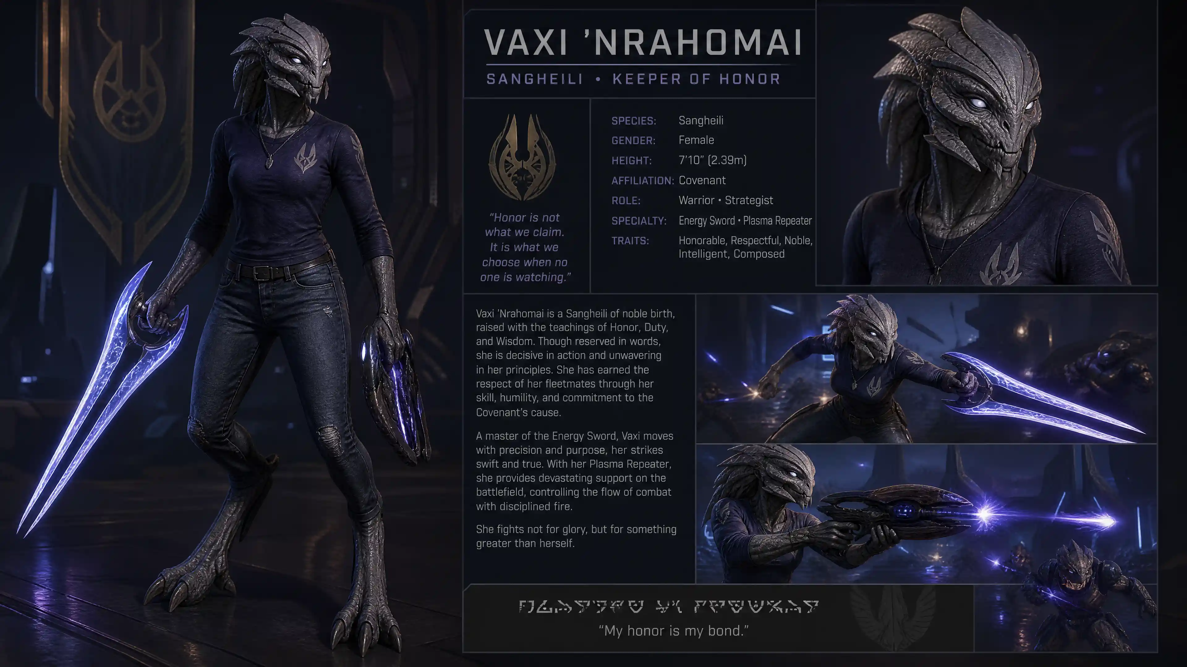 Noble female alien warrior with energy sword in casual clothes