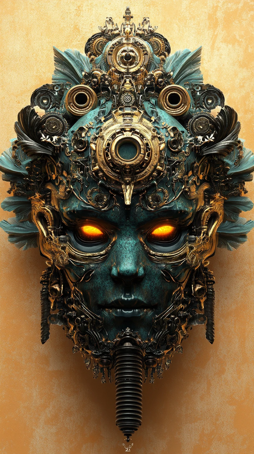 Ornamental Tribal Biomechanical Mask With Symmetrical Front Portrait