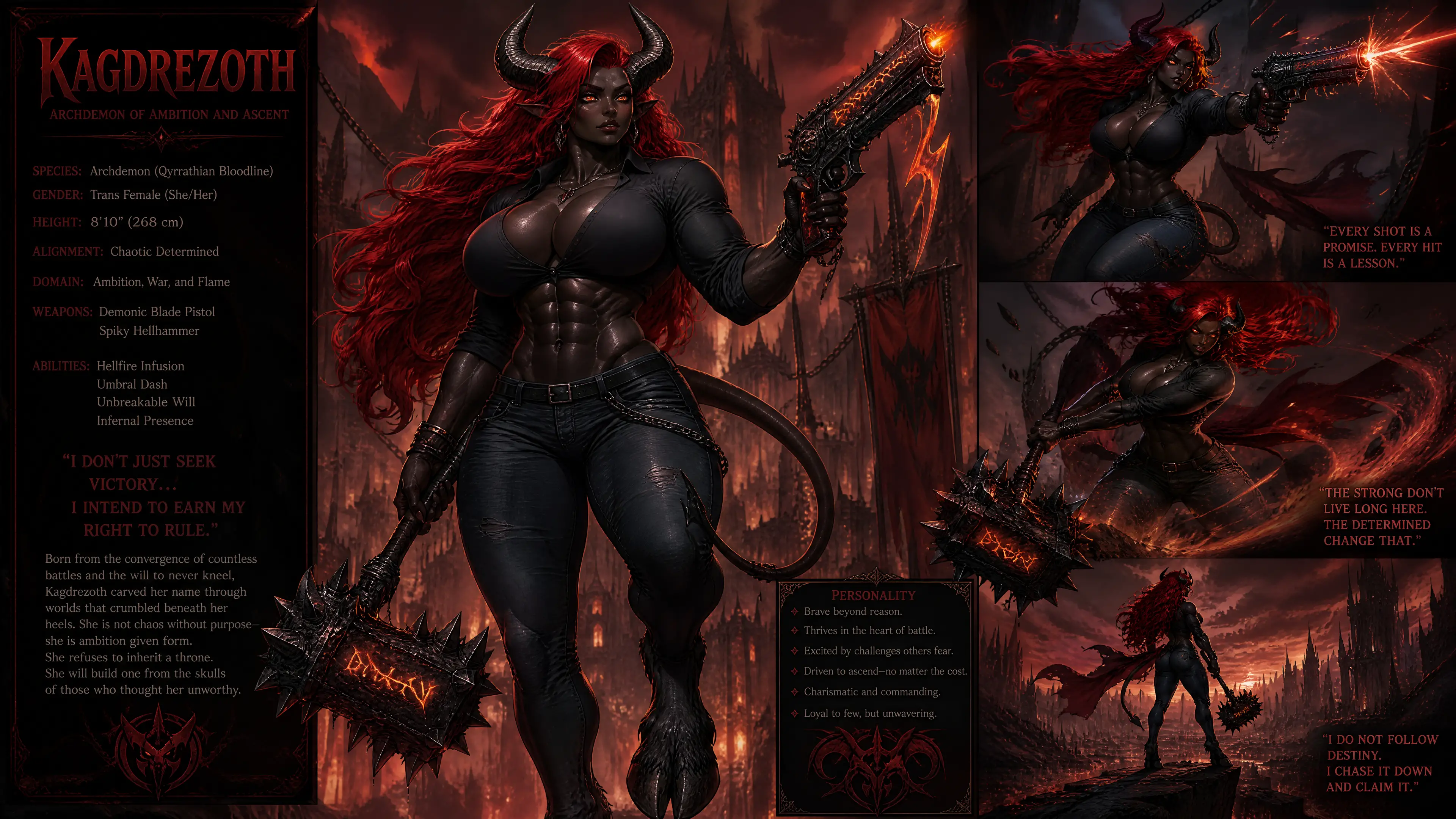 Tall horned demon woman with fiery hair and weapons