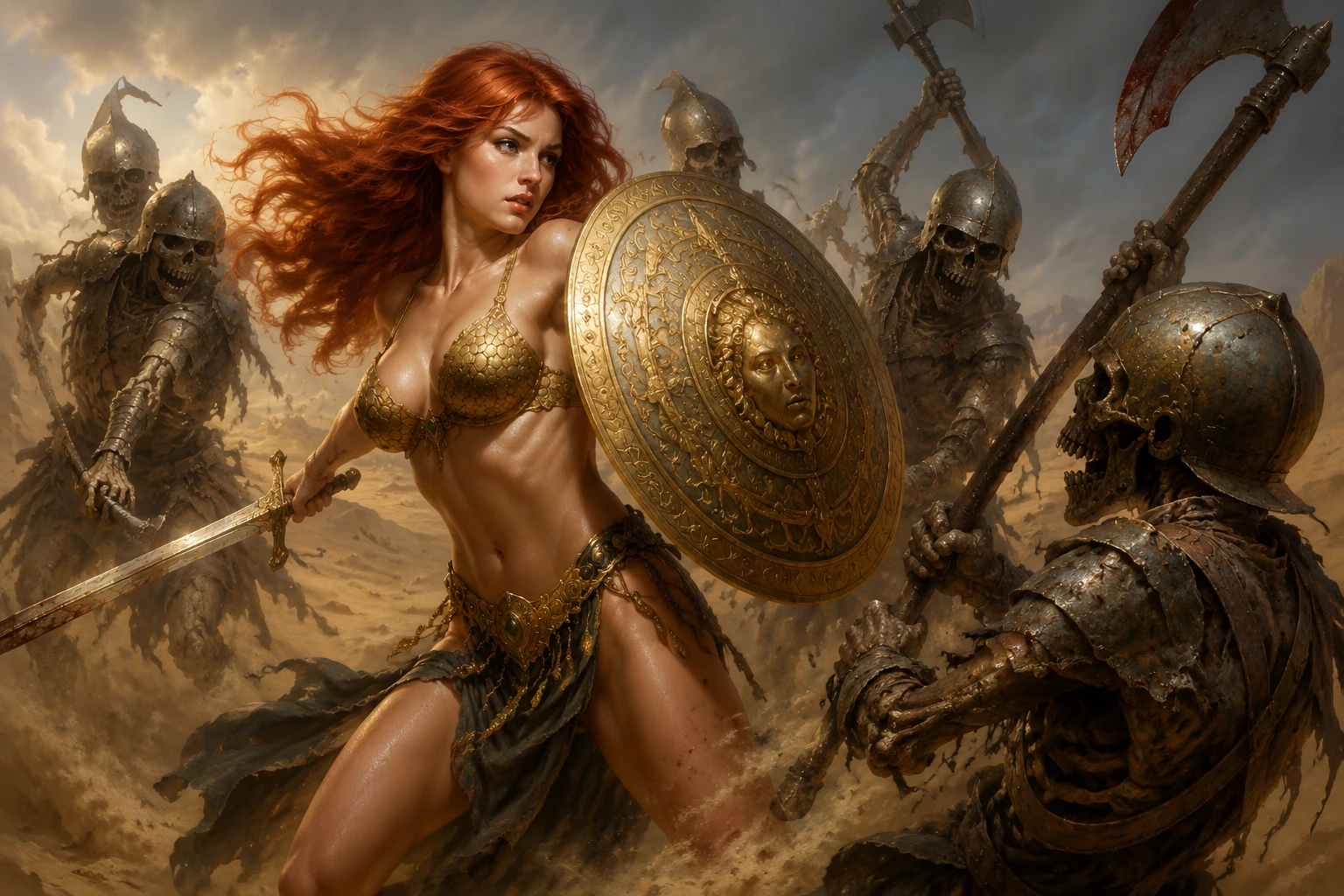 Red haired warrior woman battling skeletons in desert