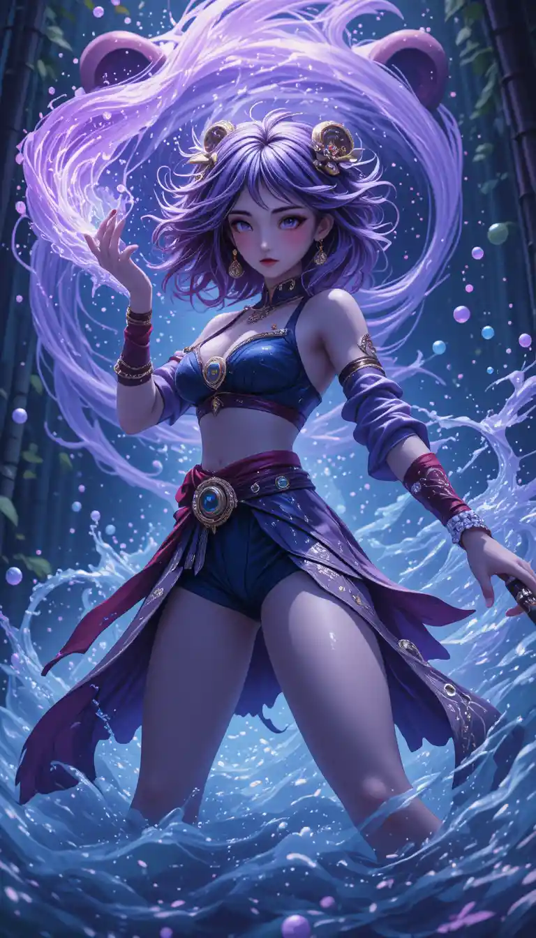 Anime water warrior woman in bamboo forest battle stance