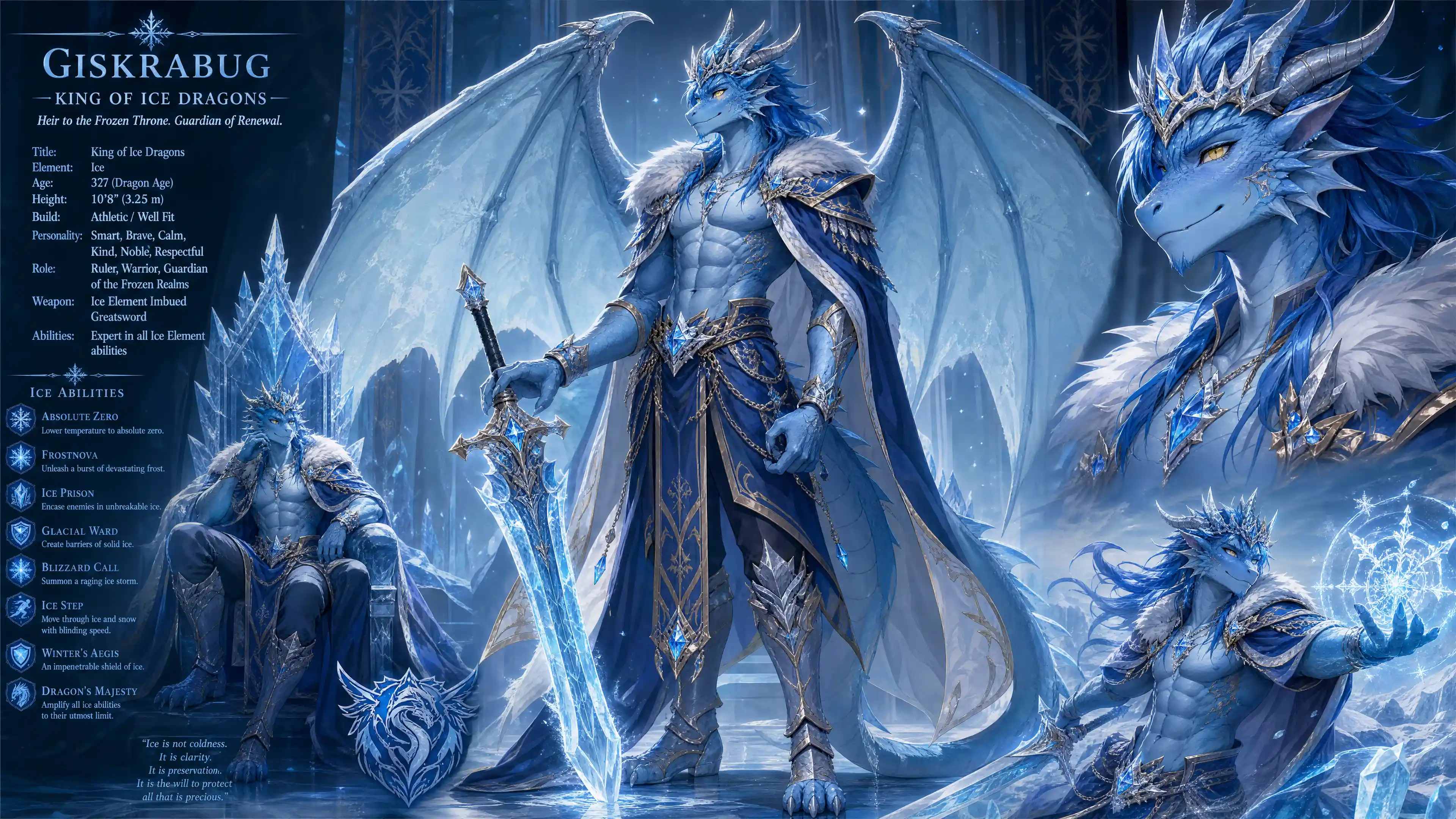 Winged ice dragon king with greatsword in regal armor