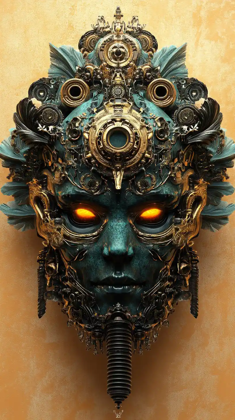 Ornamentale tribale biomechanische Maske mit symmetrischem Frontalporträt