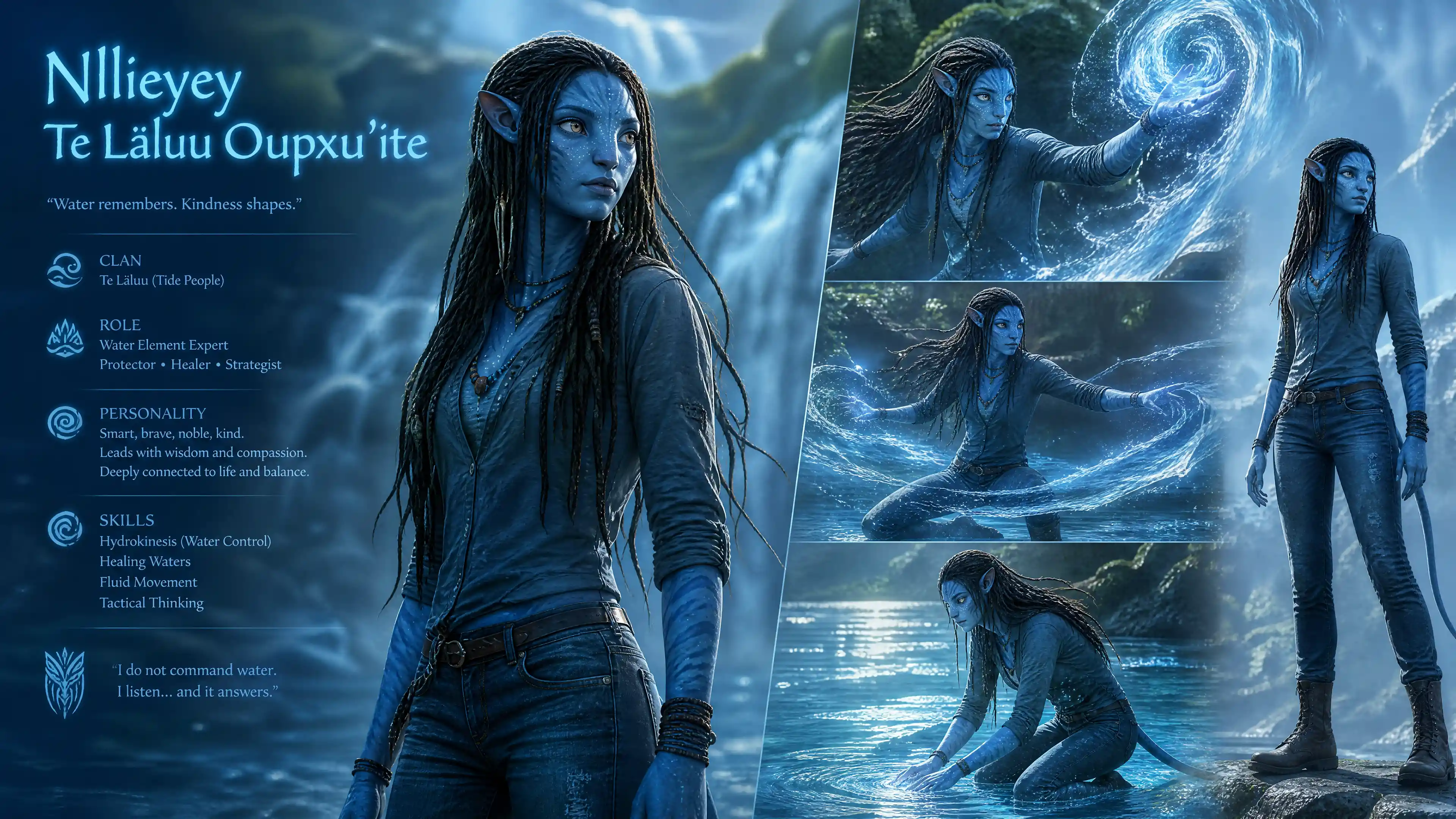 Tall female Na'vi woman with glowing blue eyes in casual clothes
