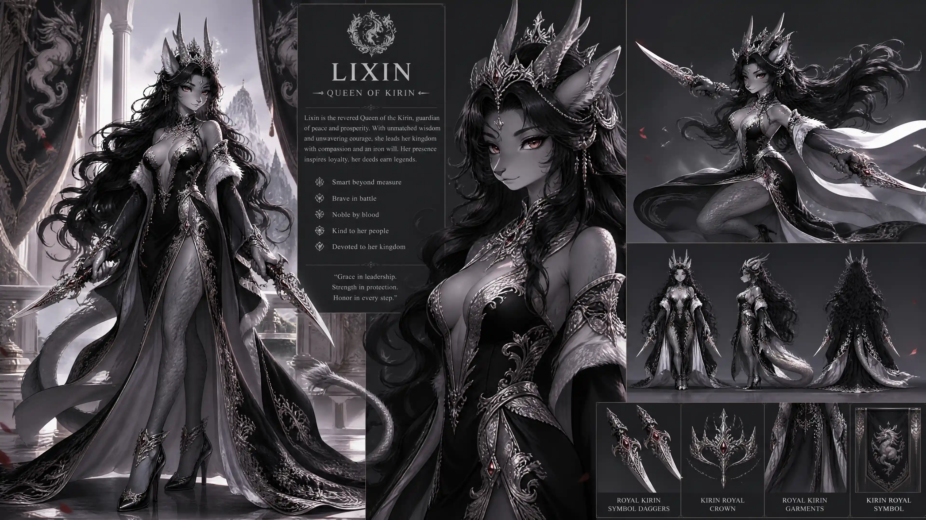 Regal kirin queen with daggers and flowing black hair