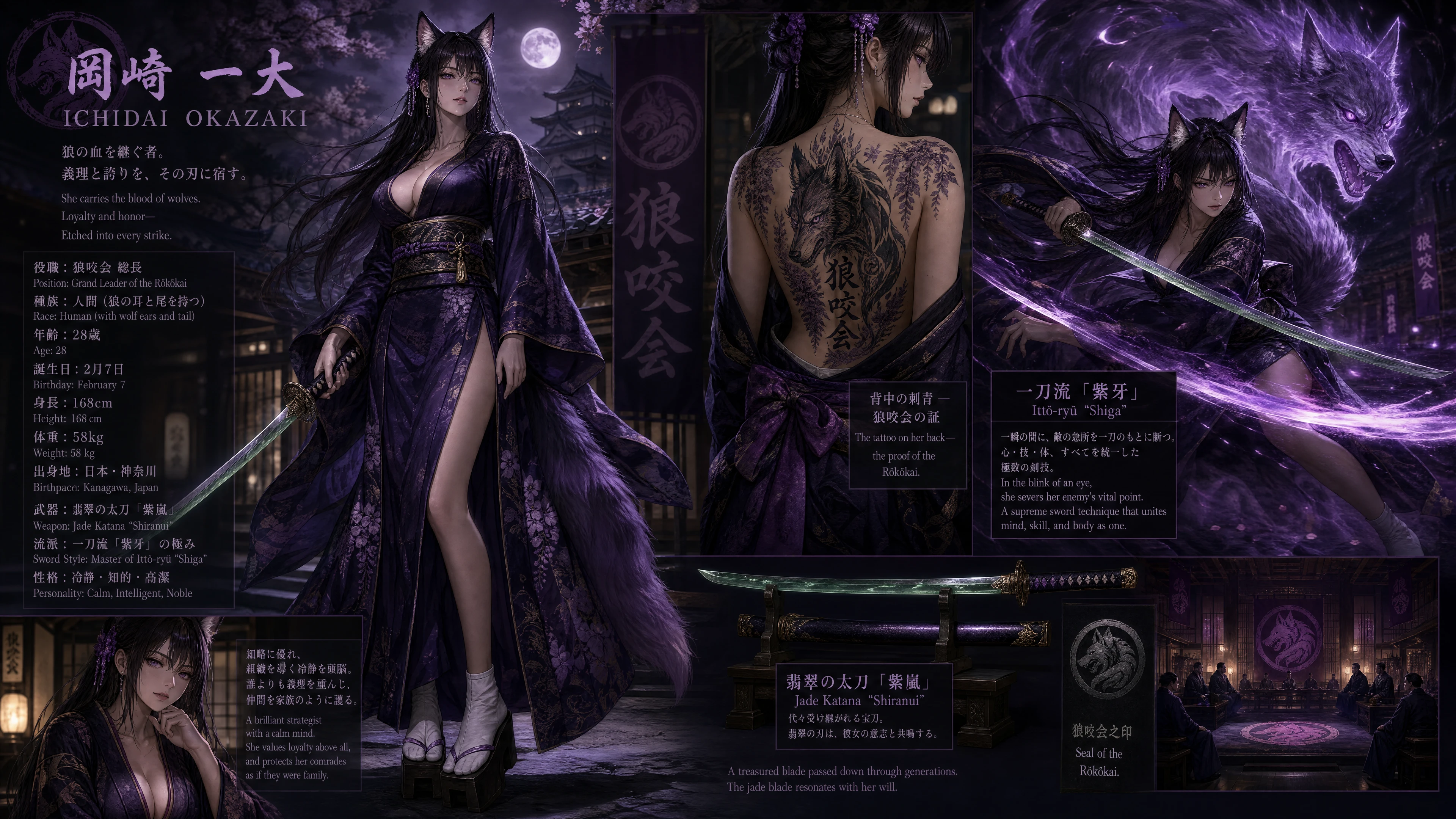 Elegant wolf eared yakuza woman in traditional kimono