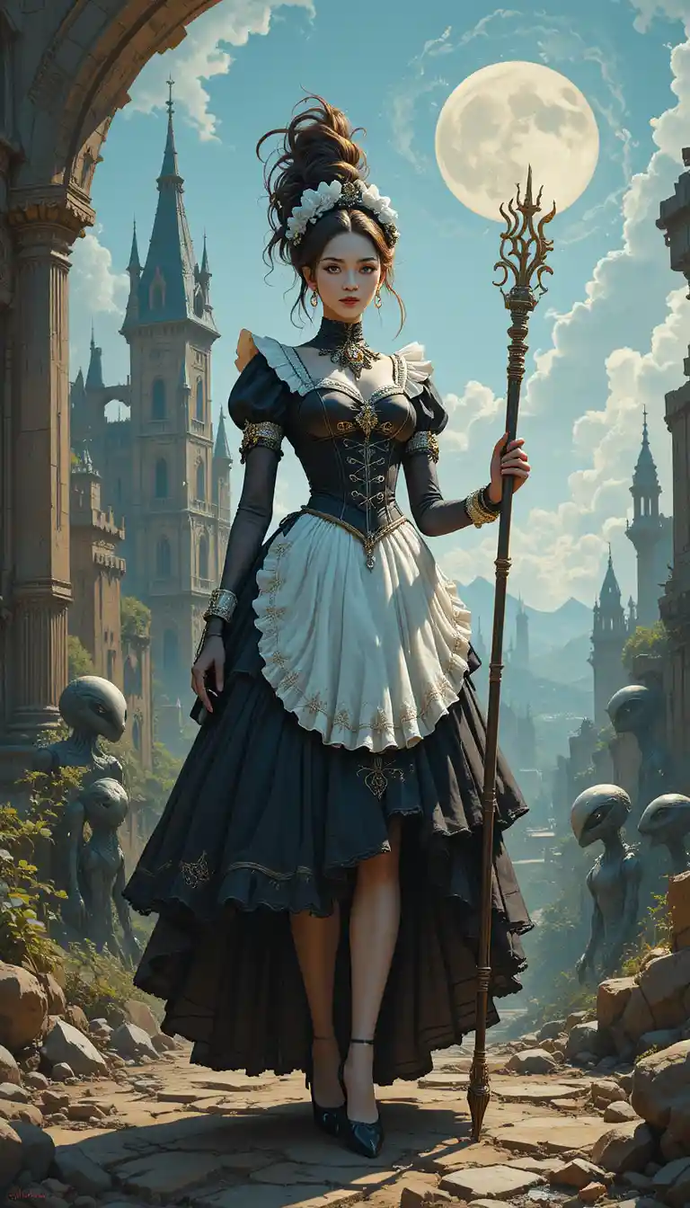 Fantasy maid woman with staff in ruined castle sunlight