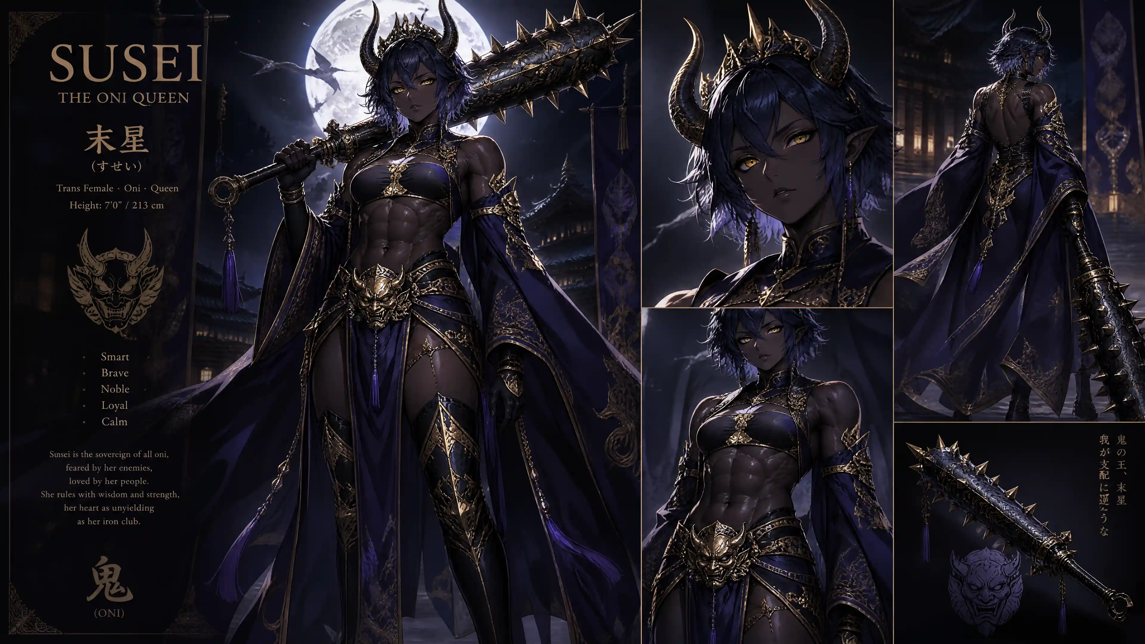 Regal oni queen with blue hair and royal spiked club