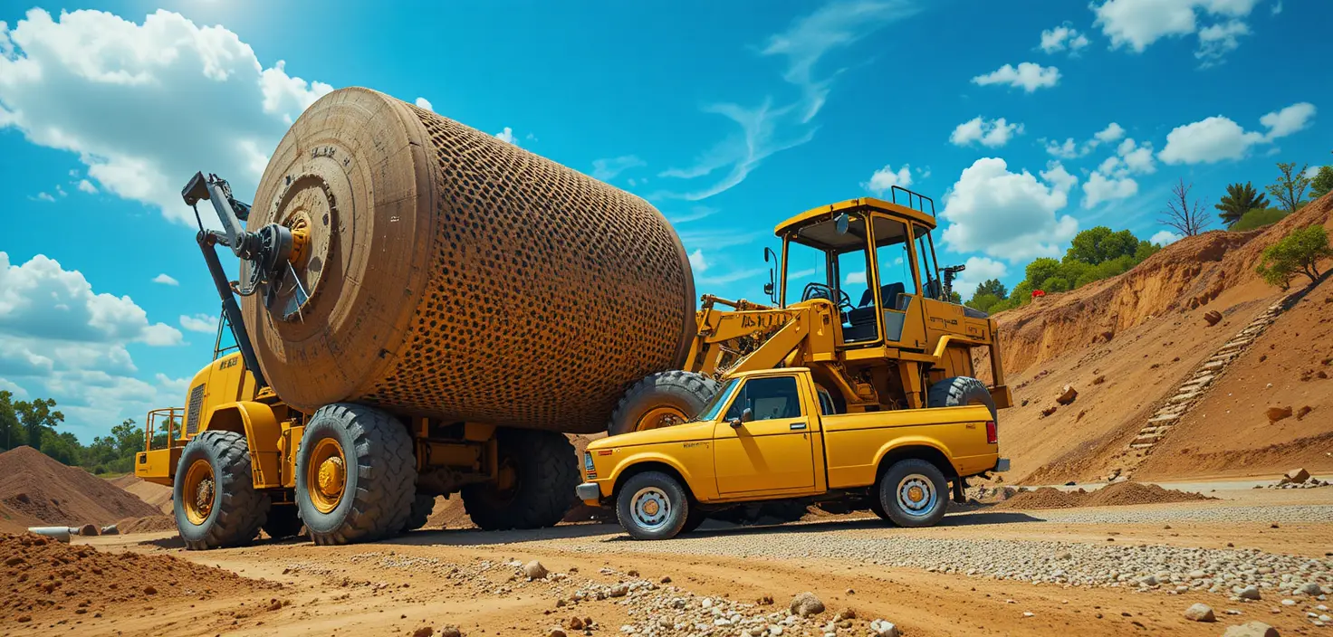 Massive wheel loader lifting roller above small pickup truck