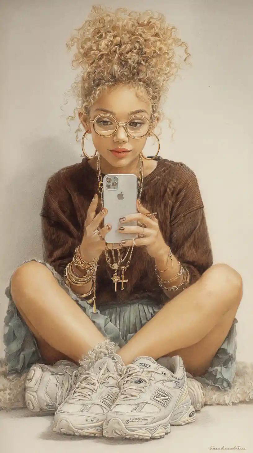 Young woman taking a mirror selfie on bedroom floor