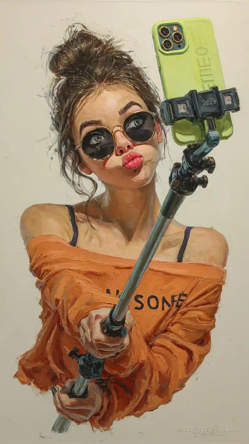 Jeune fille caricaturée prenant un selfie avec une perche géante