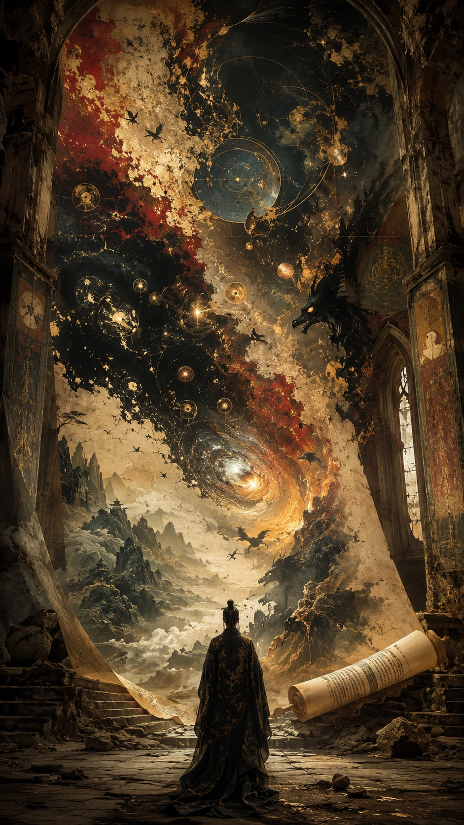 Ancient cosmic scroll unfolding within a crumbling cathedral
