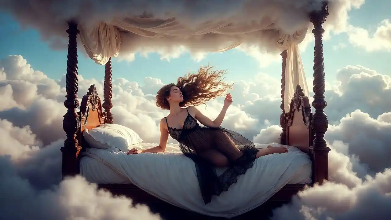 Femme éthérée reposant sur un lit de nuages dans une fantaisie onirique