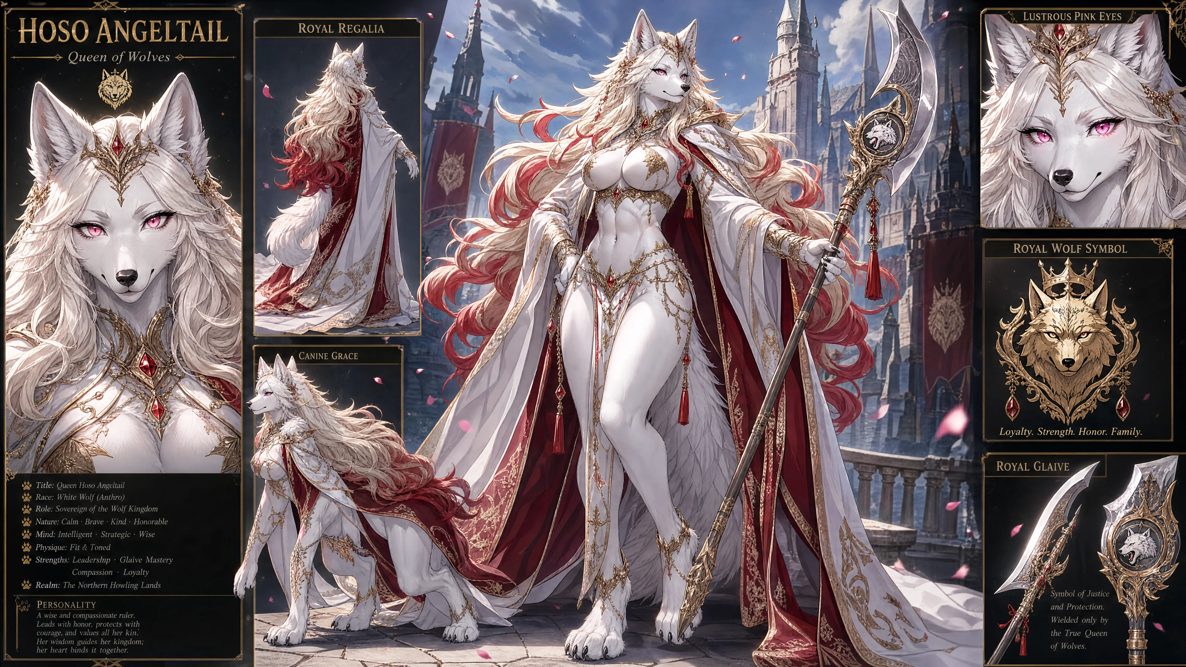 Regal white anthro wolf queen with golden red hair