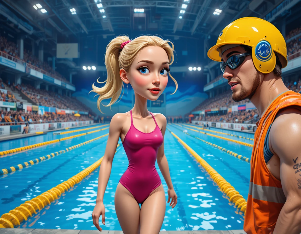 Young swimmer walking by indoor competition pool