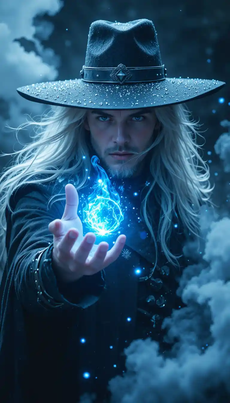 Fantasy sorcerer with glowing magic in a stormy portrait