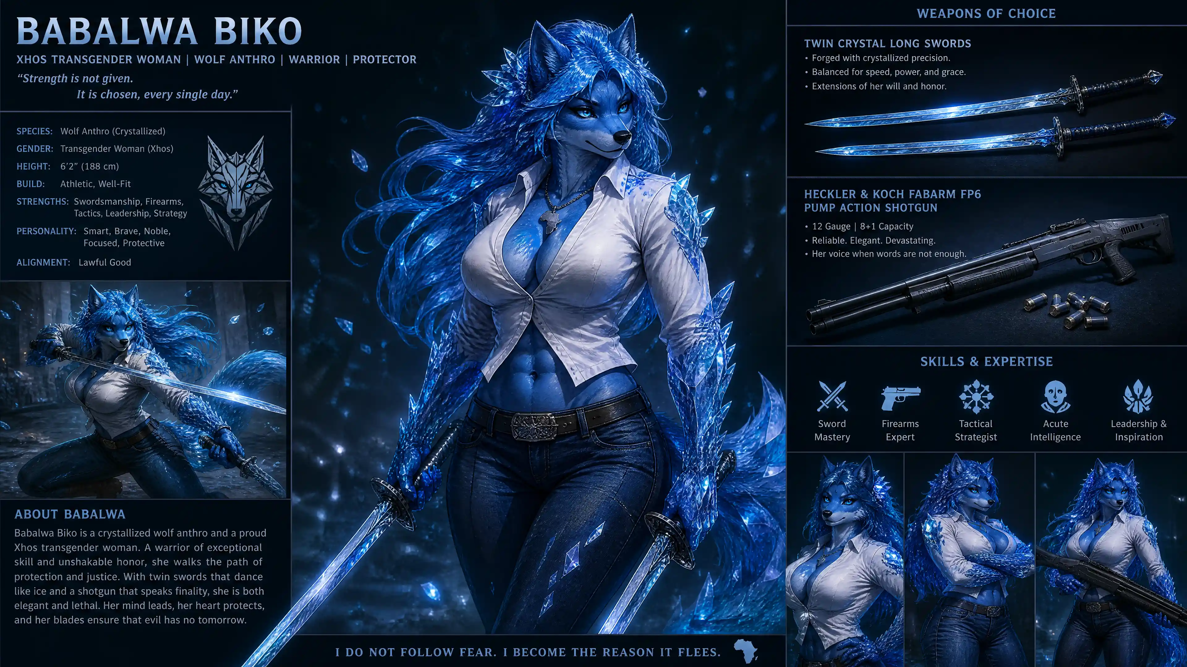 Blue crystal wolf warrior woman with swords and shotgun