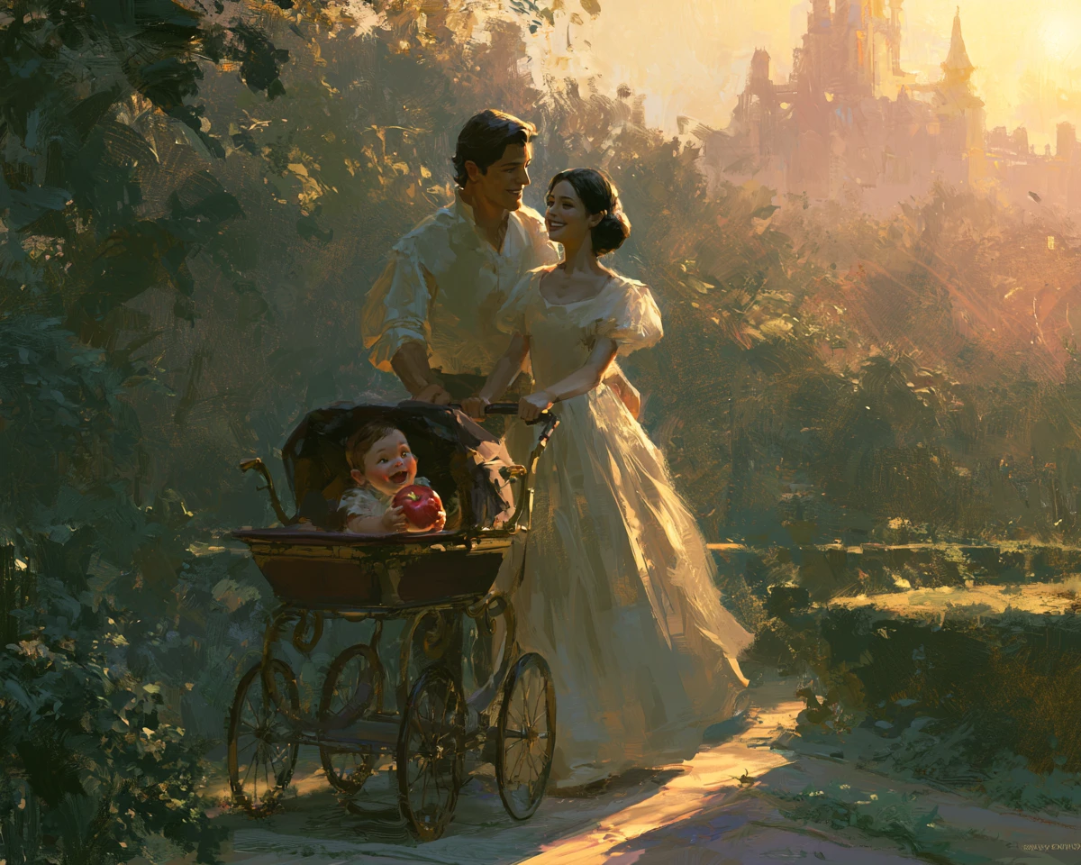 Princess and prince walking with a pram in palace gardens