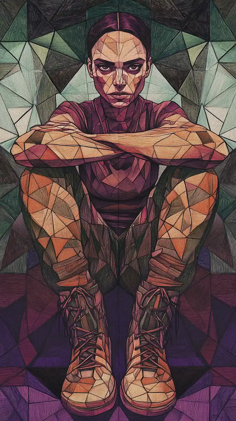 Woman In Geometric Mosaic Form Sitting Cross Legged