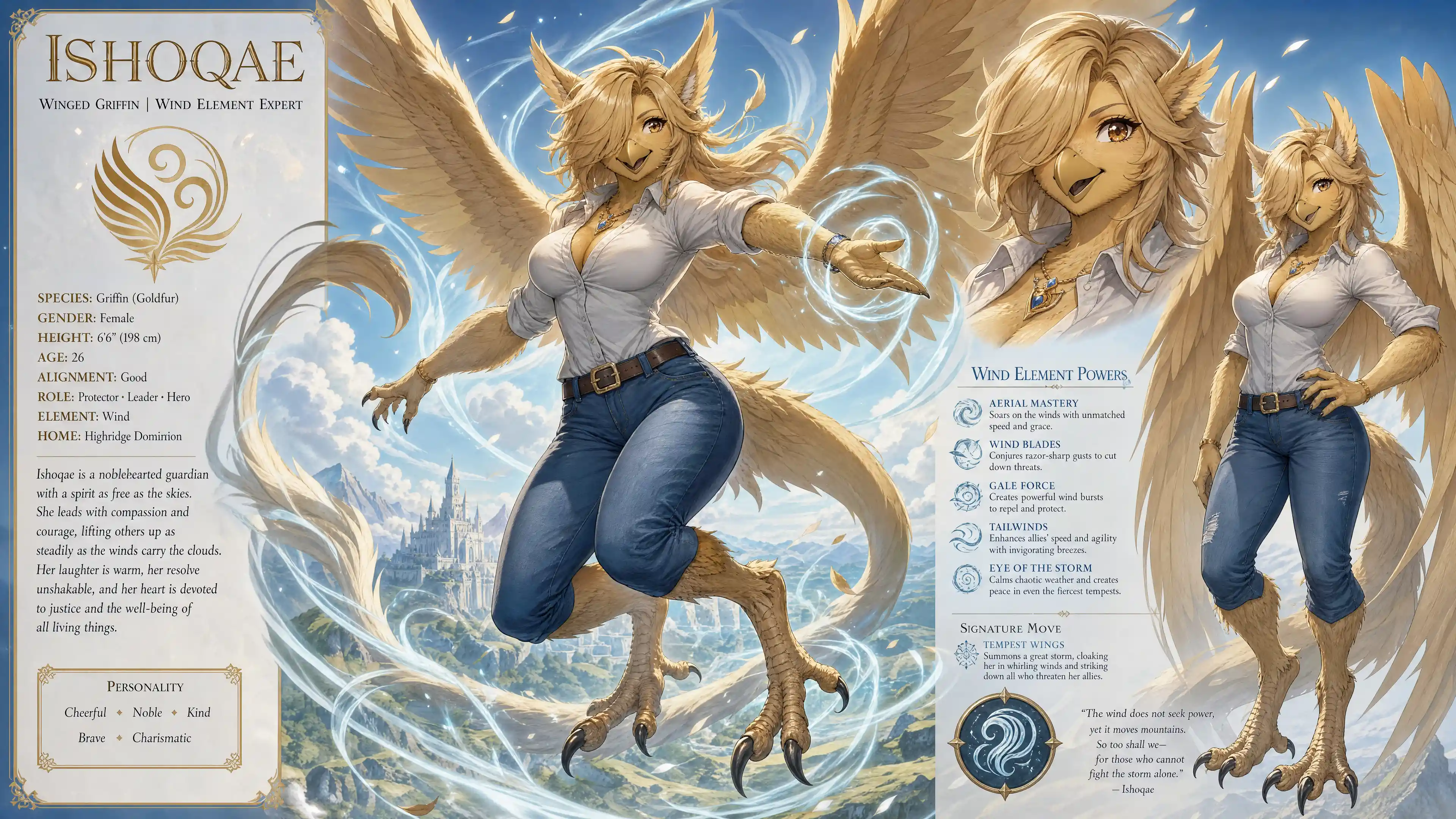 Cheerful Winged Griffin Woman In Casual Modern Clothing