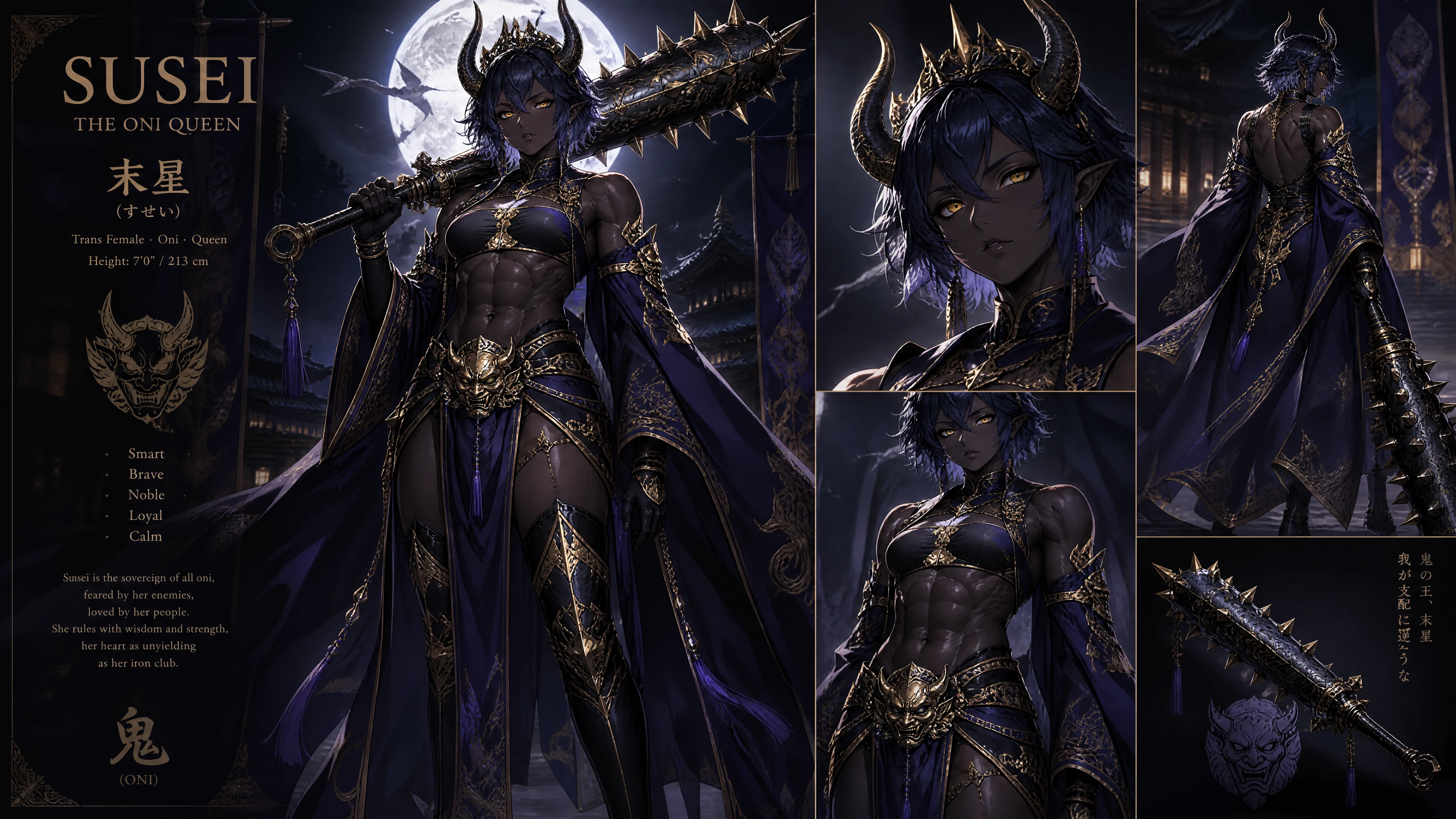 Regal oni queen with blue hair and royal spiked club