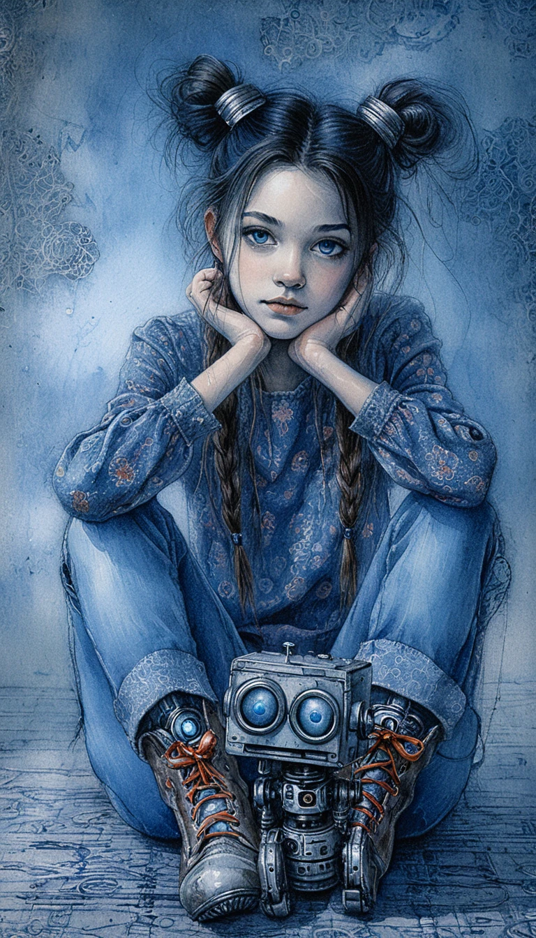 Girl sitting with vintage robot in tender eye contact