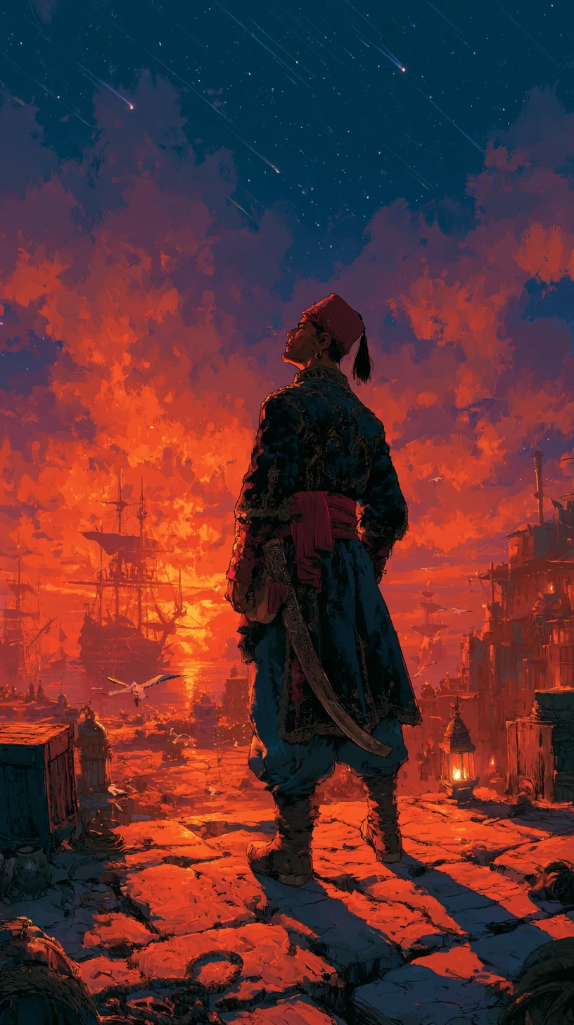 Algerian corsair on a twilight Mediterranean harbor quay