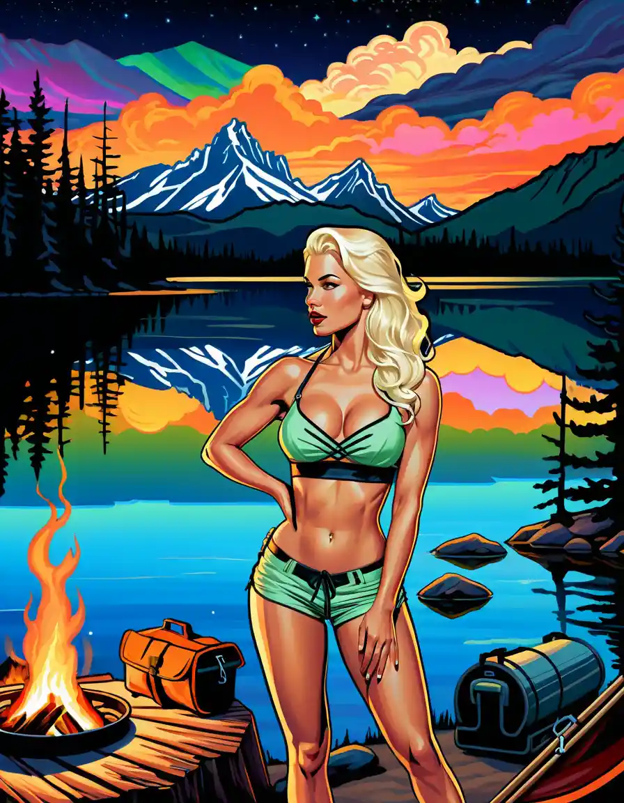 Glamorous blonde pin up woman camping by a lakeside