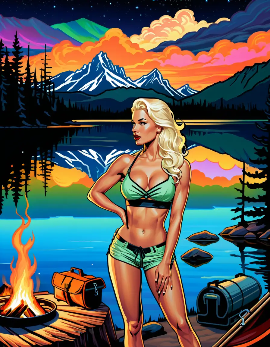 Glamorous blonde pin up woman camping by a lakeside