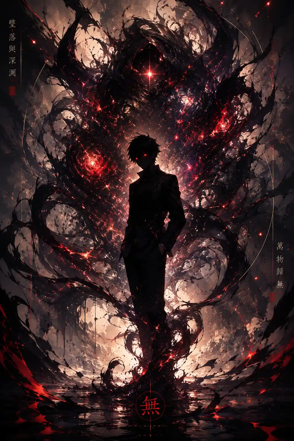 Anime woman facing colossal cosmic void creature in darkness