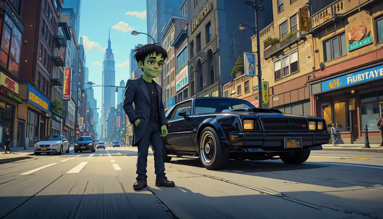 Cartoon monster rapper beside a black tuned car
