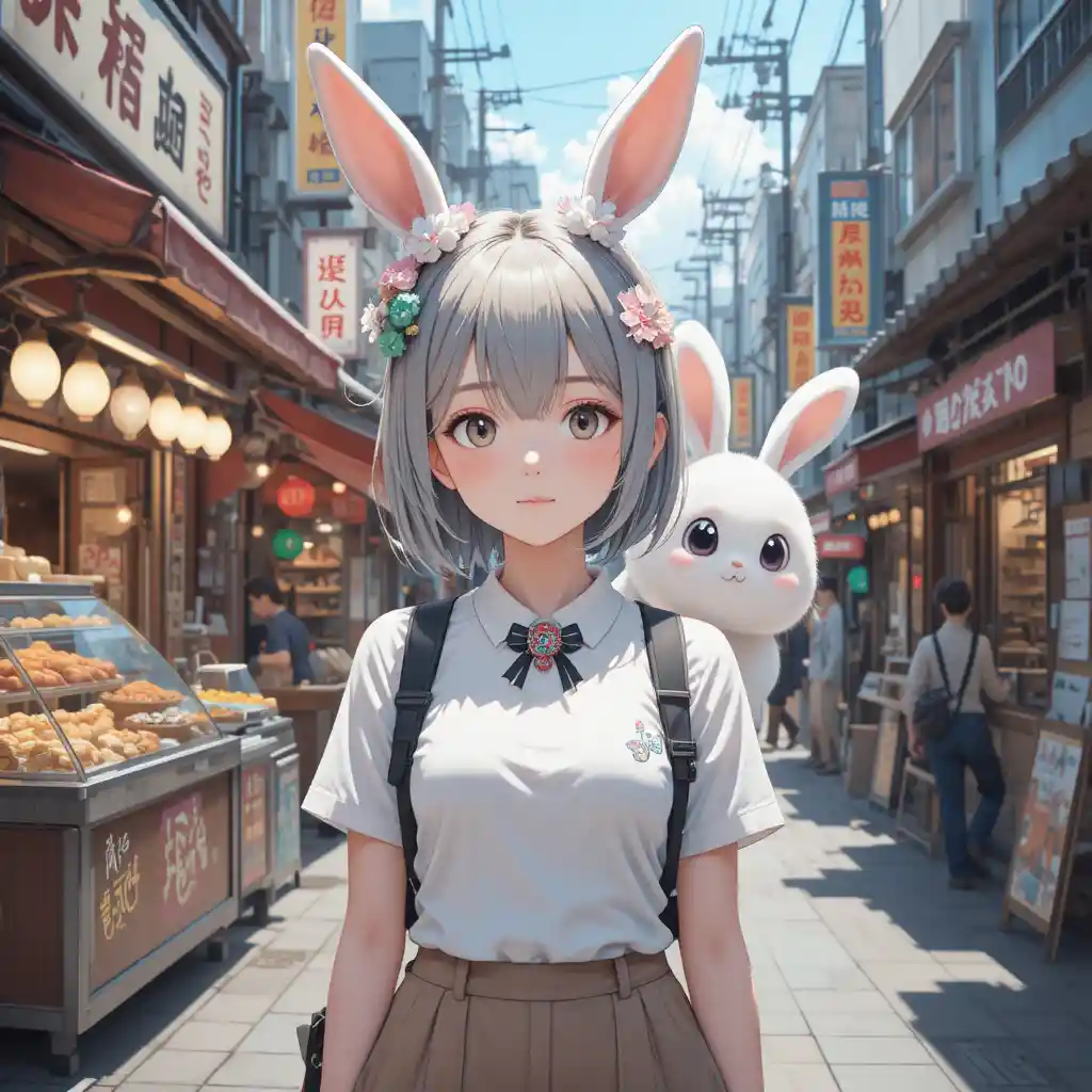Anime girl at a busy Japanese street food stand front view