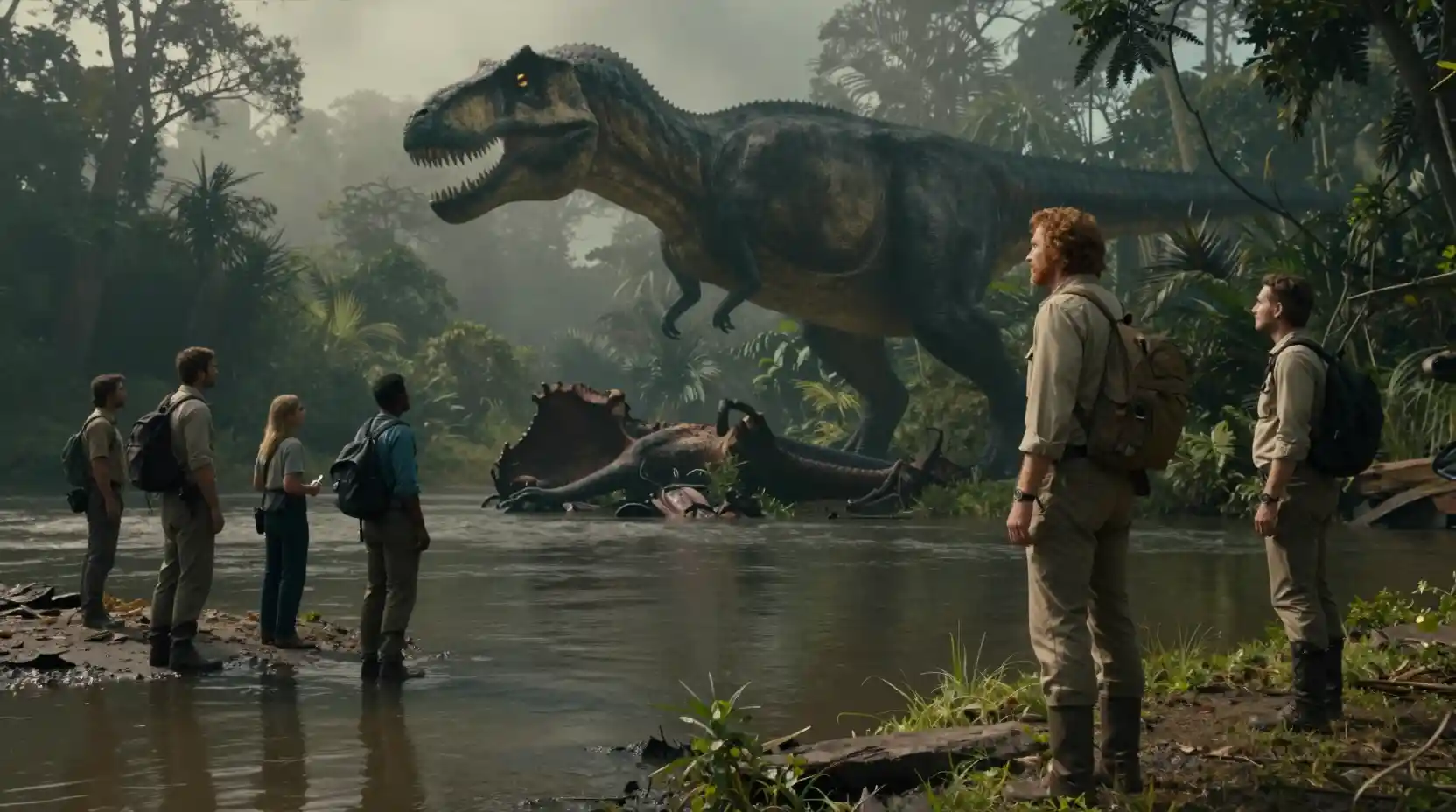 Cinematic riverbank standoff with hunters and lurking dinosaur